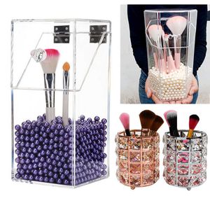 Acrylic Clear Makeup Brush Storage box with cover Plastic Makeup organizer Cosmetic tool Holder Pearl And Box Separate Sale 210626