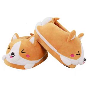 Whoholl Brand Corgi Dog Slippers Cartoon Cute Double Shiba Inu Warm Plush Corgi Slippers Home Slip Cotton Pad Shoes One Size H1115