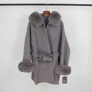 Oftbuy Real Fur Coat Vinterjacka Kvinnor Natural Fur Collar Manschettknapp Kashmere Ull Woolen Oversize Ladies Ytterkläder 211103