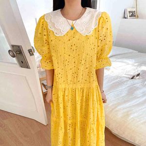 Women Yellow Sweet Ruffles Hollow Out Lace Robe Dress Lapel Half Puff Sleeve Loose Fashion Elegant Summer 16W1037 210510