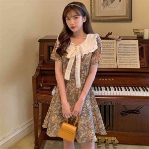 Summer Women Clothing Korean Sailor Collar Vintage Short Sleeve Mini Dress Daisy Floral Print Boho Beach A-line Chiffon 210514