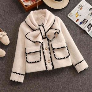 High Quality Women White Bow Mink Jacket Coat For Female Slim Patchwork Pocket Outerwear Ladies Wool Short Winter Clothes 210514