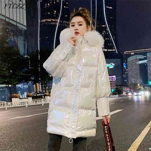 Зимняя длинная куртка женская с капюшоном яркий цвет искусственный меховой воротник теплый хлопок пальто свободно толстый снег Parka Wearwear 210430