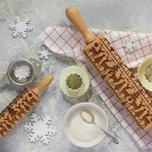 Ly Christmas Embossing Rolling Pin Baking Cookies Nudel Biscuit Fondant Tårta Deg Graverad Roller Reindeer Snowflake # 291171 211008