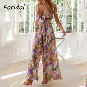 Blomstryck Boho Summer Ruffle Jumpsuits Overaller Kvinnor Ärmlös V Neck Wide Long Long Rompers Playsuits Beach Total 210427