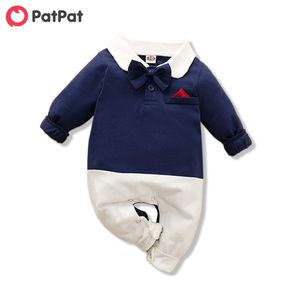 Lato i Wiosna Baby Boy Gentleman Bowknot Decor Polo Collar Długim Rękawem Kombinezon Odzież 210528