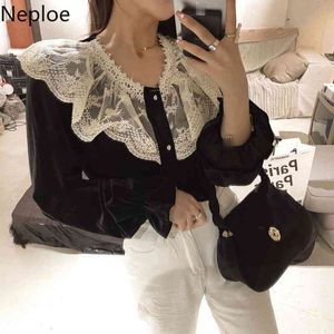 Neploe Blusar Kvinnor Tung spets Patchwork Shirts V-Neck Puff Sleeve Velvet Black Blouse Tops Temperament Blusas Mujer 94716 210422