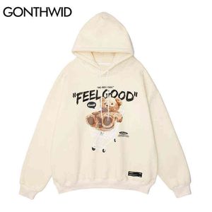 Gonthwid Mężczyźni Hip Hop Hoodie Bluza Streetwear Zabawny Niedźwiedź Drukuj Z Kapturem Harajuku Zimowy Bawełniany Pullover Khaki Black 211106