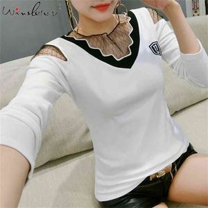 White T shirt Women Female Mesh Patchwork V-neck Off-shoulder Cotton T-shirt Tops Basic Long Sleeve T02423B 210421
