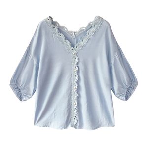 Mulheres Blue Sólido Chiffon V Pescoço Laço 3/4 Três Quarter Lanterna Camisa Camisa Blusa Casual Verão B0061 210514