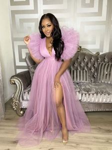South African Lilac Prom Dresses A-line Deep V-neck Tulle Slit Backless Long Women Evening Gowns Robe De Soiree