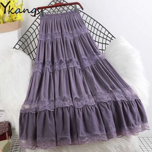 Purple Summer Chiffon Beach Boho Long skirt Women Black White Lace pleated skirt Ladies Office High Waist Midi saia Streetwear 210619