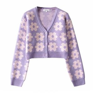 여성 캐주얼 세련된 스웨터 봄 가을 싱글 브레스트 보라색 카디건 Femme 숙녀 꽃 프린트 V 목 자르기 스웨터 니트 210525