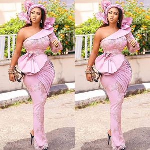 2021 Aso Ebi Pink Mother Of The Bride Dresses One Shoulder Full Lace Appliques Crystal Beads Long Sleeve Mermaid Prom Evening Wedding Guest Gowns Plus Size