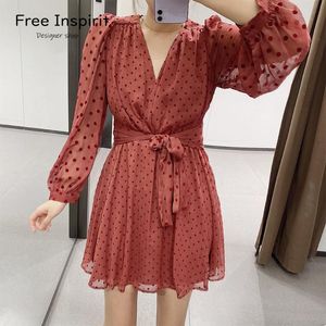 Free Inspirit Arrival Damen-Bürodamen-Stil, V-Ausschnitt, breite Taille, Ballkleid, gepunktet, Puffärmel, große Schleife, cooles Sommerkleid, Freizeitkleider