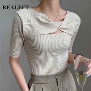 夏のエレガントな編み物女性のTシャツフロントクリスクロスソリッドカジュアル半袖女性シャツトップスTEE 210428
