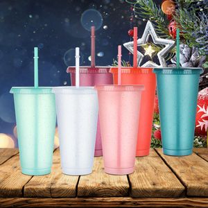 1/2pc Flash Powder Water Bottle With Straws Lid Plastic Reusable Personalized Outdoor Drinkware Juice Coffee Christmas Straw Cup