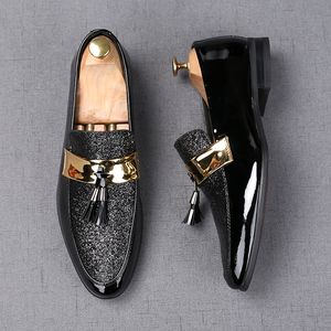 Mocassim brilhante masculino vestido de festa de casamento sapatos tassel lantejoulas preto couro PU elegante flats plus size 38-46