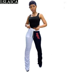 Dois peça definir colheita toplong calça branco preto colchete esporte conjuntos de correspondência letra impressão moda casual streetwear vetement femme 210515