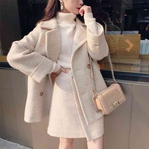Zimowy płaszcz z wełny 2 sztuka zestaw kobiet vintage luźna kurtka + wysoka talia linia mini spódnice koreański styl ciepły dwa 210514