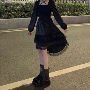 Çapraz Kare Yaka Lolita Prenses Düzensiz Elbise Gotik Kadınlar Siyah Peri Parti Sevimli Kawaii Dantel Ruffles Chic 210521