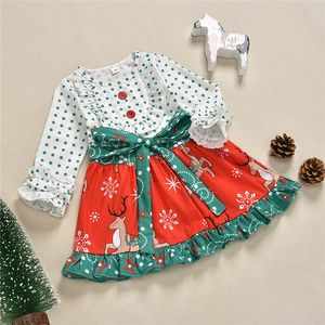 Wholesale print point resale online - Christmas Girls Dress Lovely Deer Print kid Wave Point Red And Green Contrast Button Bow Dresses children autumn clothing S1804