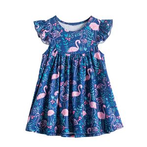 European och American Wind Short Sleeves Girl's Dresses Blue Flamingo Print Sommarkläder Partihandel Casual Princess A - Word Kjol Animal Dinosaur Mönster