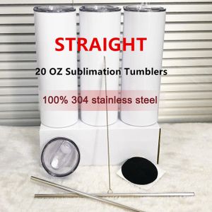 Wholesale slim stainless steel tumbler for sale - Group buy 20oz sublimation straight tumblers blanks white Stainless Steel Vacuum Insulated tapered Slim DIY oz Cup Car Coffee Mugs with Straw Lid
