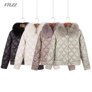 Women Down Real Fur Collar Jacket Winter Warm Ultra Light Short White Duck Parka Elegant Coat Outwear 210423