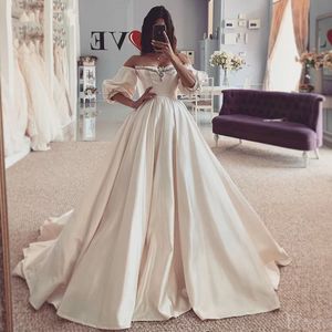 Satin Wedding Dresses 2021 Off the shoulder Long Sleeve Back Lacing Bridal Gowns Beach Boho Princess Wedding Party Gowns