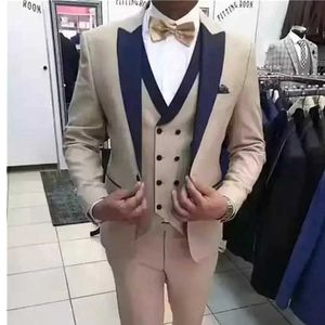 Beige Slim Fit Men Suits with Navy Blue Peaked Lapel Groom Tuxedos for Wedding Dinner Party 3 Pieces Fashion Jacket Vest Pants X0909