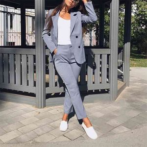 Work Pant Suits OL 2 Piece Sets Double Breasted Striped Blazer Jacket & Zipper Trousers Suit For Women Set Feminino Spring 210727