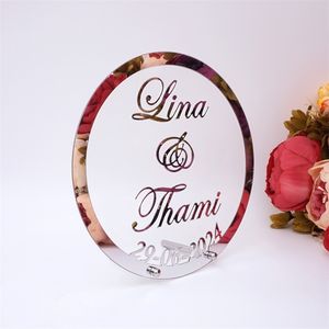 Different Style Custom Wedding Signs Name Date Acrylic Mirror Frame Word Sign Party Decor With Nail Favor Gift Round Heart 211216