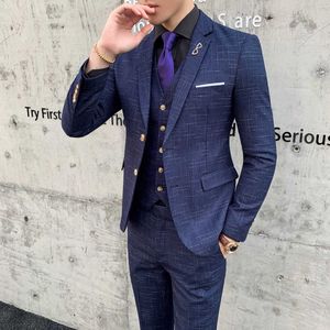 3 Pieces Suits Wedding Formal Wear Suits For Man Blazers Jackets+Pants+Vest Men Good Quality Blue Plaid Suits Male Formal Dress X0909