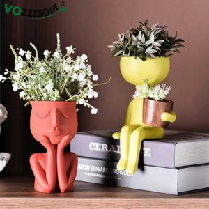 Nordic Cute Abstract Character Resin Succulent Pot Bonsai Vase Decoration Household Living Room Flower Arrangement Dropshopping 210712