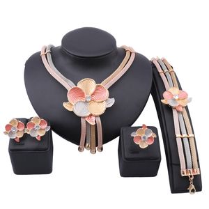 African Dubai Gold Color Flower Crystal Jewelry Sets For Women Bridal Party Necklace Earrings Ring Bracelet Gifts Set