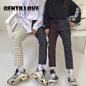 Gentillove våren höst casual plaid byxor vintage lösa kvinnor män outwear korea stil par byxor mode streetwear q0801