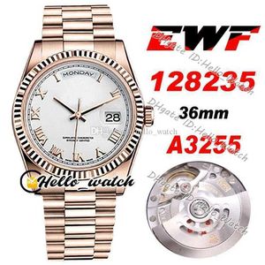 Designer relógios EWF Data 36mm A3255 Mens automático relógio 128235 Dial Branco Roma marcadores Rose Gold Steel Bracelet HWRX com cartão de garantia