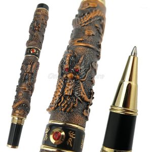 BallPoint Pennor Jinhao Forntida bronsmetall Dubbel Dragon Spela Pearl Carving Embossing Roller Ball Pen Professional Office Stationery Writ