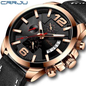 Crrju男性はクラシックビジネスクロノグラフ純正レザーストラップ腕時計ファッション防水スポーツブラックカレンダークロック210517