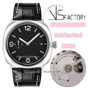 Top wersja Zegarki VS 45mm Czarna Uszczelka Ze Stali Nierdzewnej VS388 00388 P.9000 AUTOMATYCZNY Zegarek Czarny Dial Skórzany Pasek Gents Gentwatches