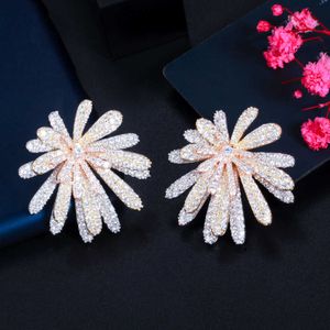 3 Tone Gold Multi Layer Firework Flower Cubic Zirconia Big Luxury Earrings for Women Wedding Bridal Jewelry CZ887 210714