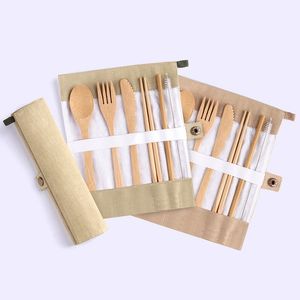 100set/lot Japanese Wooden Cutlery Set Bamboo Cutlery Straw Cutlery Set With Cloth Bag Kitchen Cooking Tools wholesale