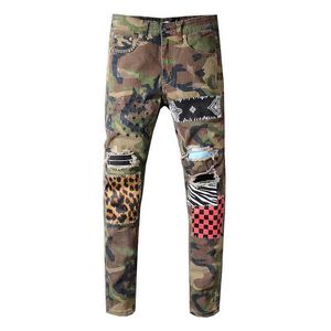 brand Men's stripe green jeans slim camouflage skinny holes patchwork stretch denim jeans pants for man big size 40 596 model 210622