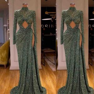 Dubai African Sparkly 2021 Sequined Mermaid Evening Dresses Green High Neck Long Sleeves Arabic Split Floor Length Plus Size Prom Dress