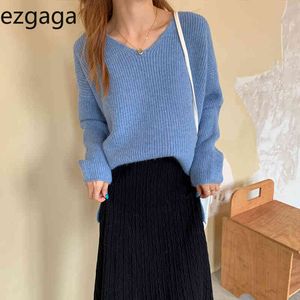 Ezgaga v-pescoço concurso azul suéter mulheres outono inverno novo coreano solto casual senhoras de malha tops sólido pullover jumper 210430