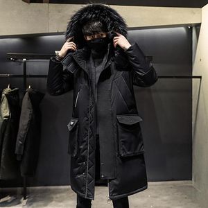 Kış Anoraklar toptan satış-Erkek Ceketler Erkekler Kalınlaşmak Sıcak Parka Kış Büyük Cep Açık Kürk Yaka Ördek Aşağı Anorak Boy Kore Kapüşonlu Rüzgarlık Ceket Kaban