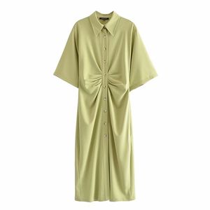 Shirt Dress Woman Green Pink Pleated Button Up Midi Dresses Women Wide Short Sleeve Going Out Ladies Vintage 210430