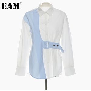 [EAM] Kadınlar Mavi Düzensiz Eklenmiş Büyük Boy Bluz Yaka Uzun Kollu Gevşek Fit Gömlek Moda İlkbahar Sonbahar 1dD6628 210512