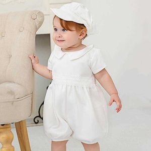 2Pcs born Christening White Romper Baby Boy Baptism Jumpsuit with Hat Infant First Birthday Outfits Boutique Clothes 210615